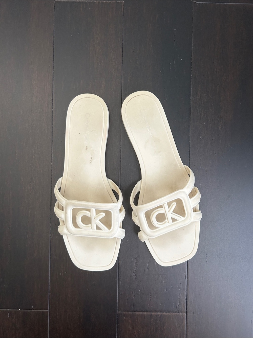 Calvin Klein Cream Logo Double-Strap Slide Sandals